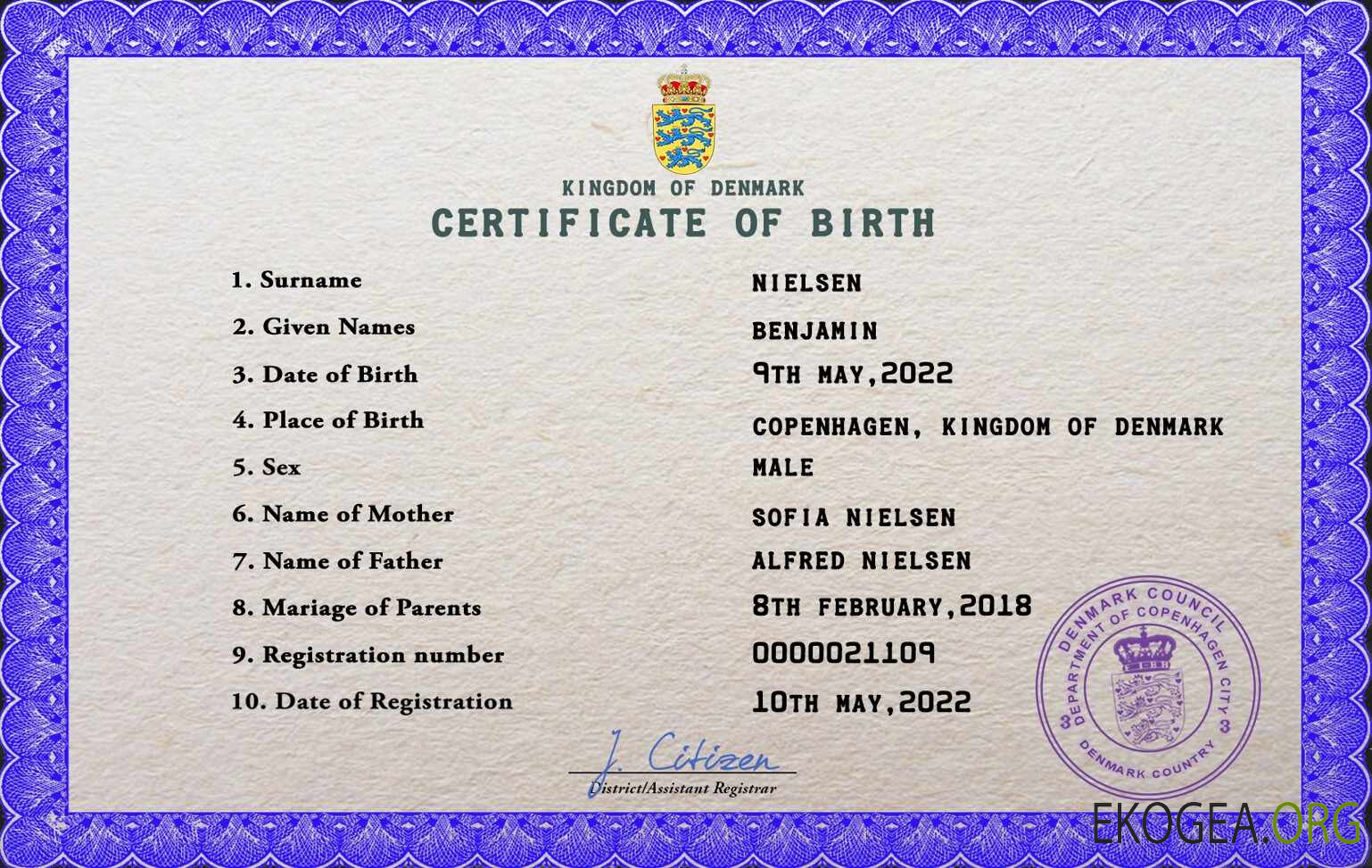 Modèle PSD de certificat de naissance du Danemark